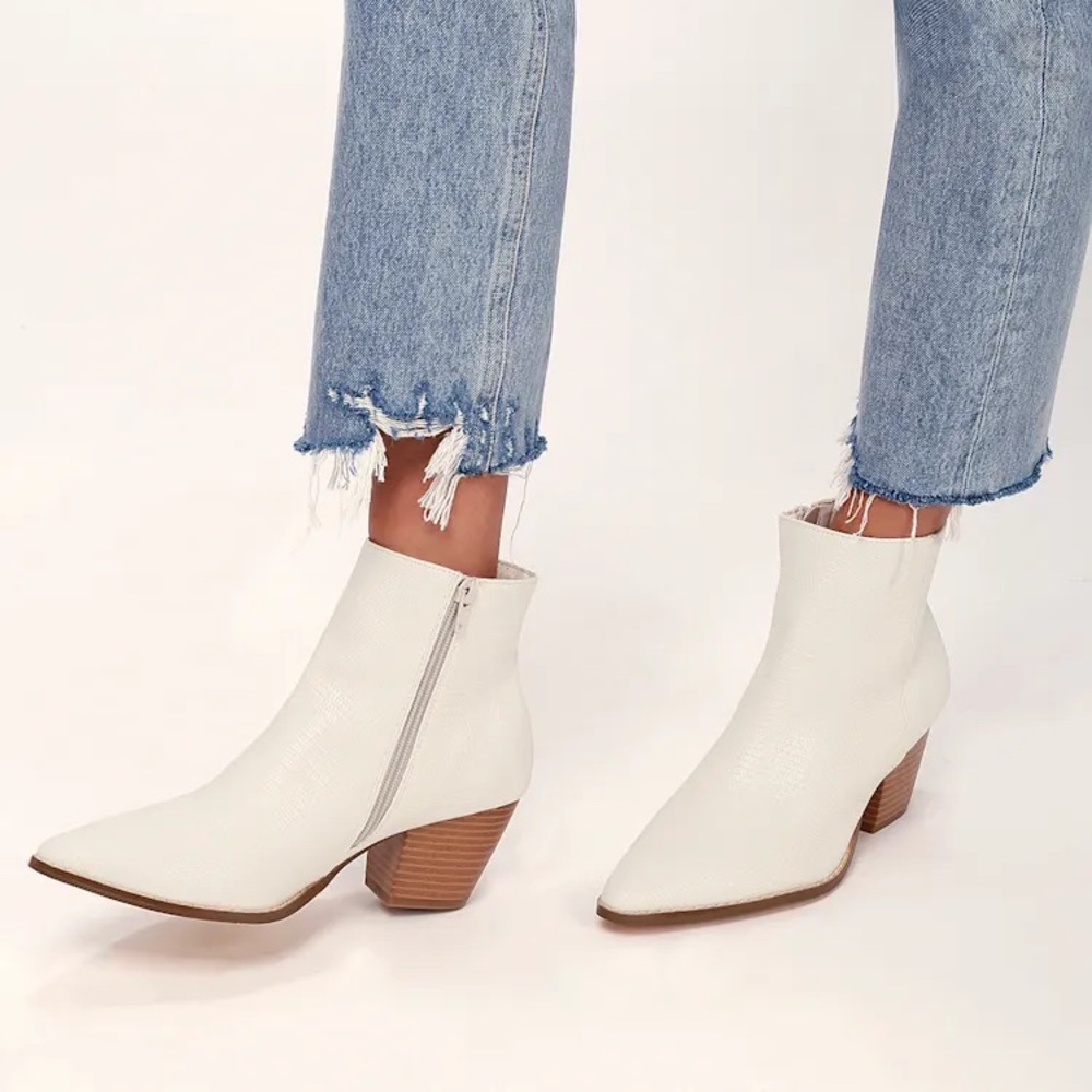 Lulus x Matisse Spirit Ivory Snake Pointed Toe Ankle Booties